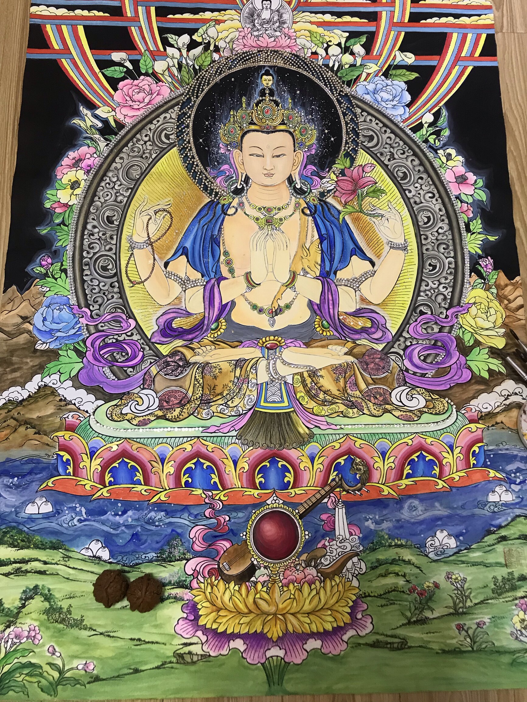 唐卡手绘四臂观音填色涂色diy西藏白描图描图diy