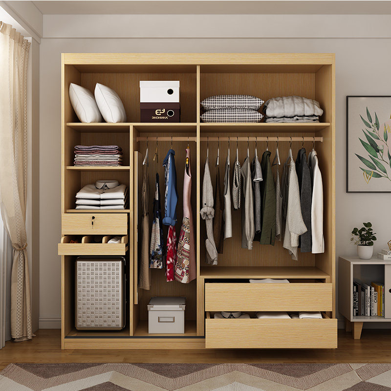 北欧现代简约推拉门大衣柜子移门卧室实木夹板经济型卧室大衣橱-mc母