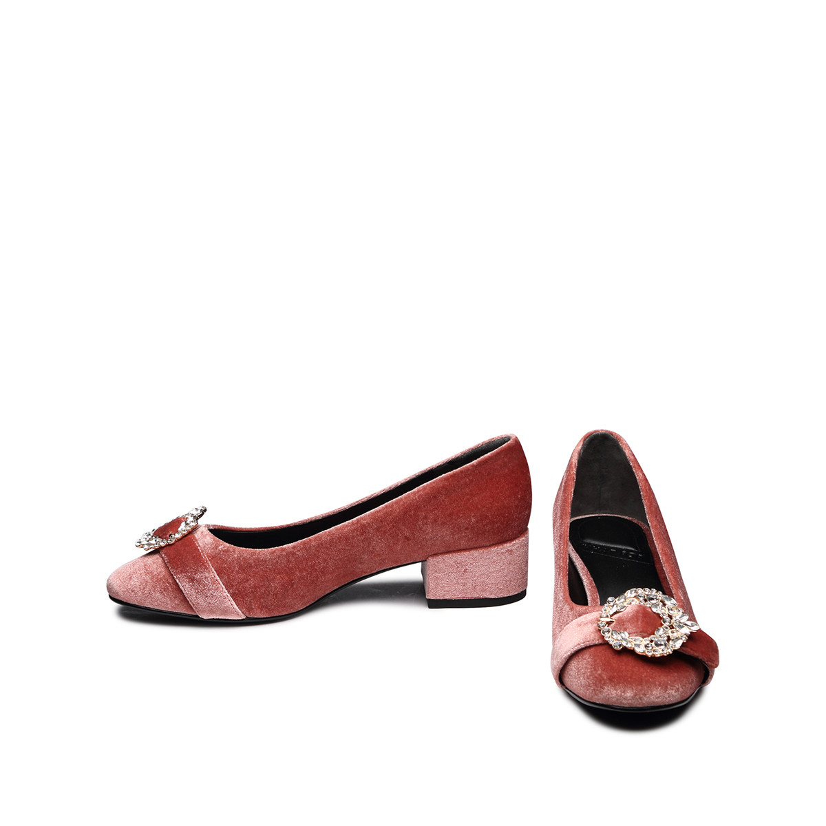 whatfor春夏新款浅口高跟鞋圆头天鹅天鹅绒绒布单鞋