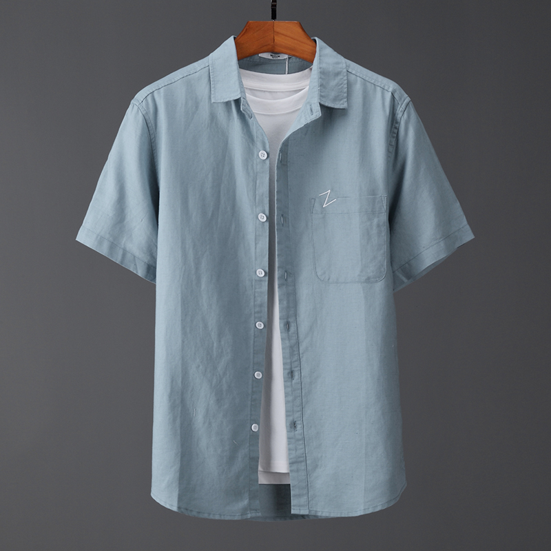 刺绣口袋亚麻方领短袖男衬衫青年夏季透气舒适棉麻衬衣麻料上衣E