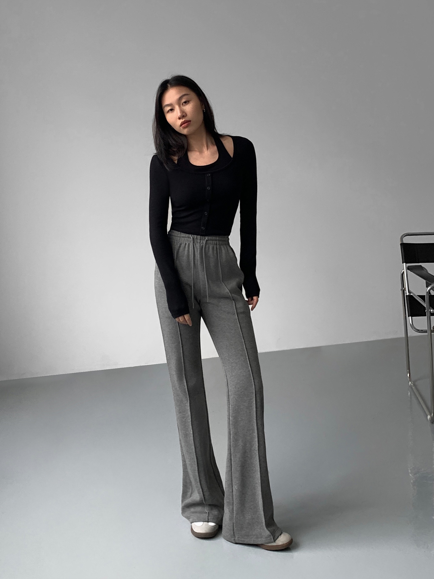 nevahu灰色色加绒微喇叭裤休闲裤秋冬新款高腰休闲裤