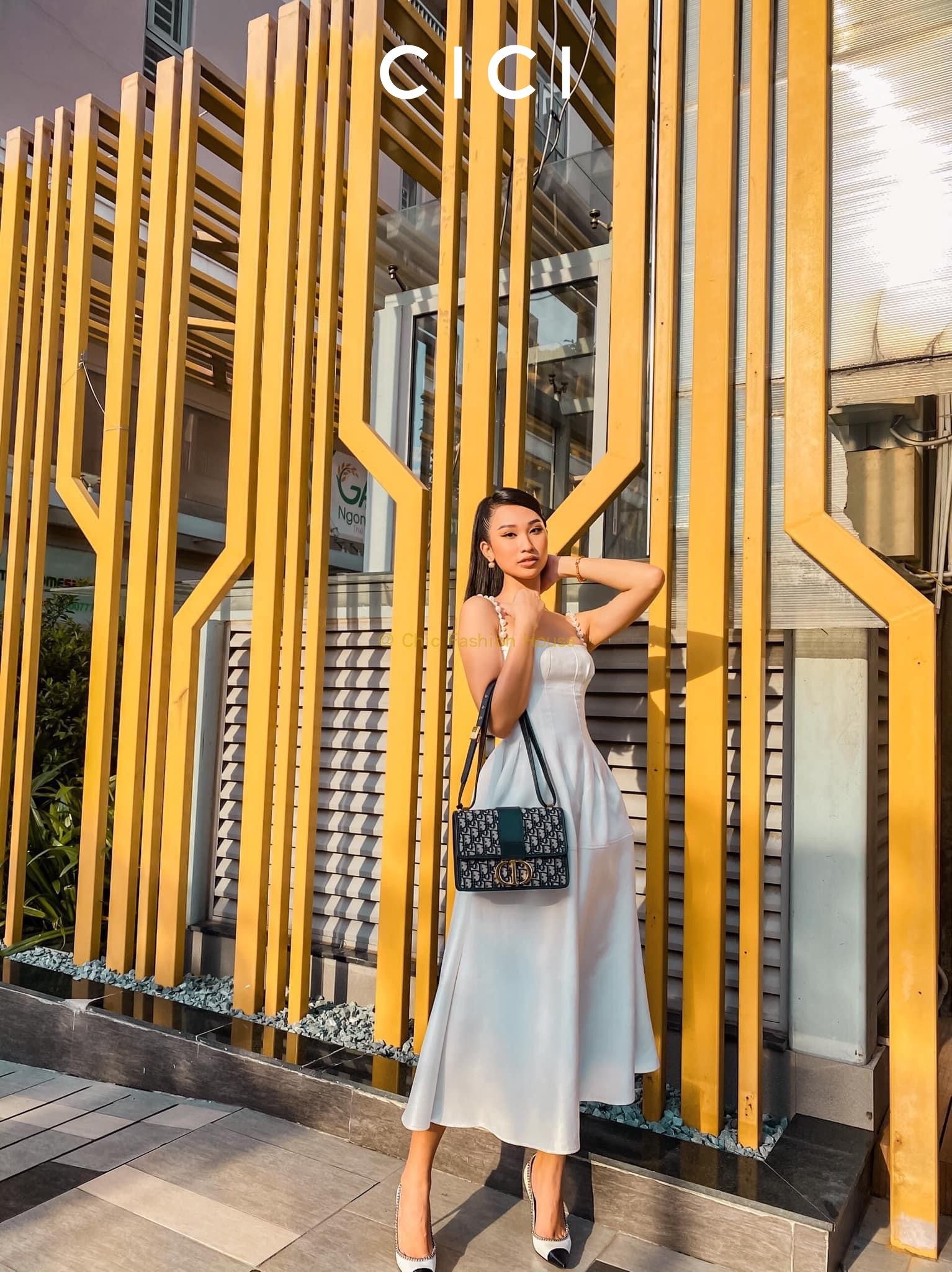 国现越南cici简洁设计高腰修身下摆气质吊带连衣裙