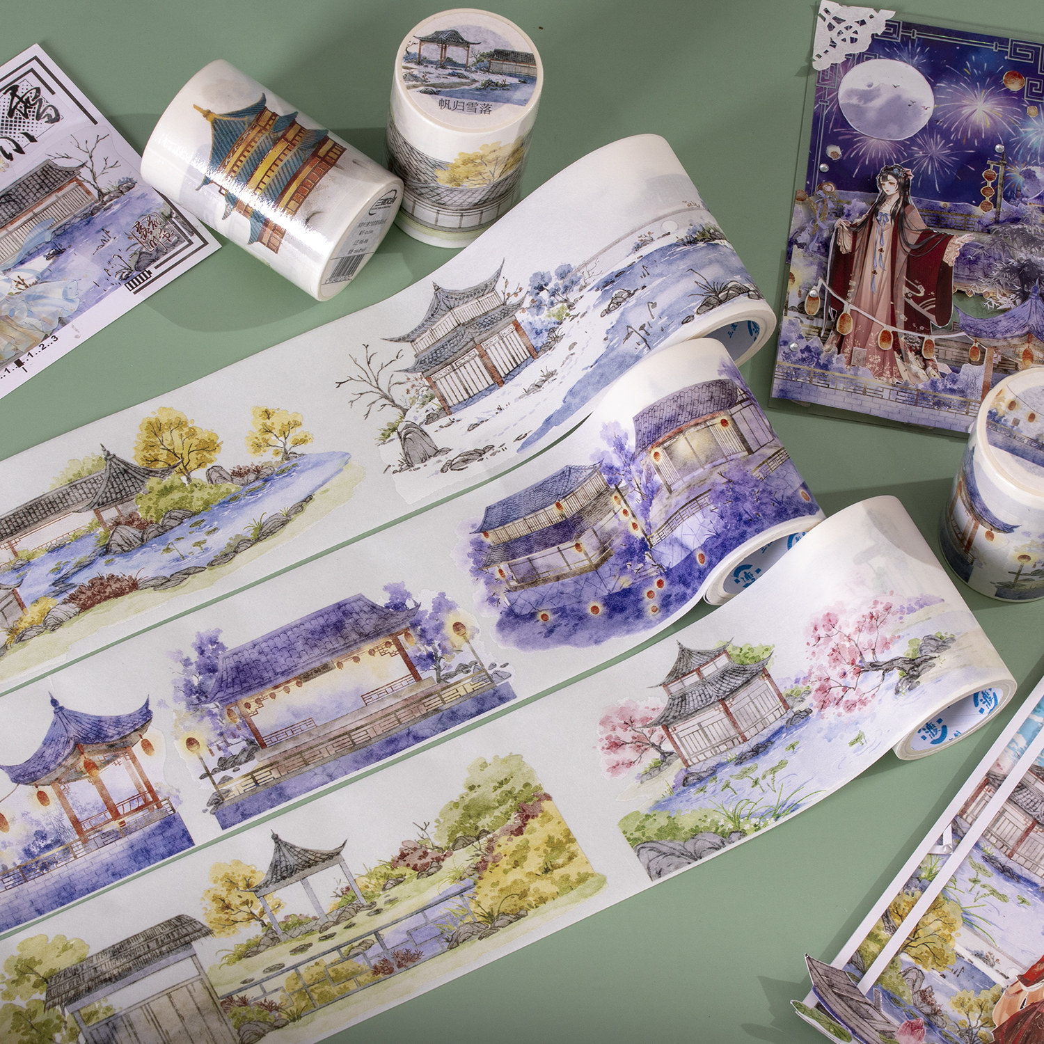 三渡手古风人物胶带10月国庆pet纸长循环造景和纸胶带
