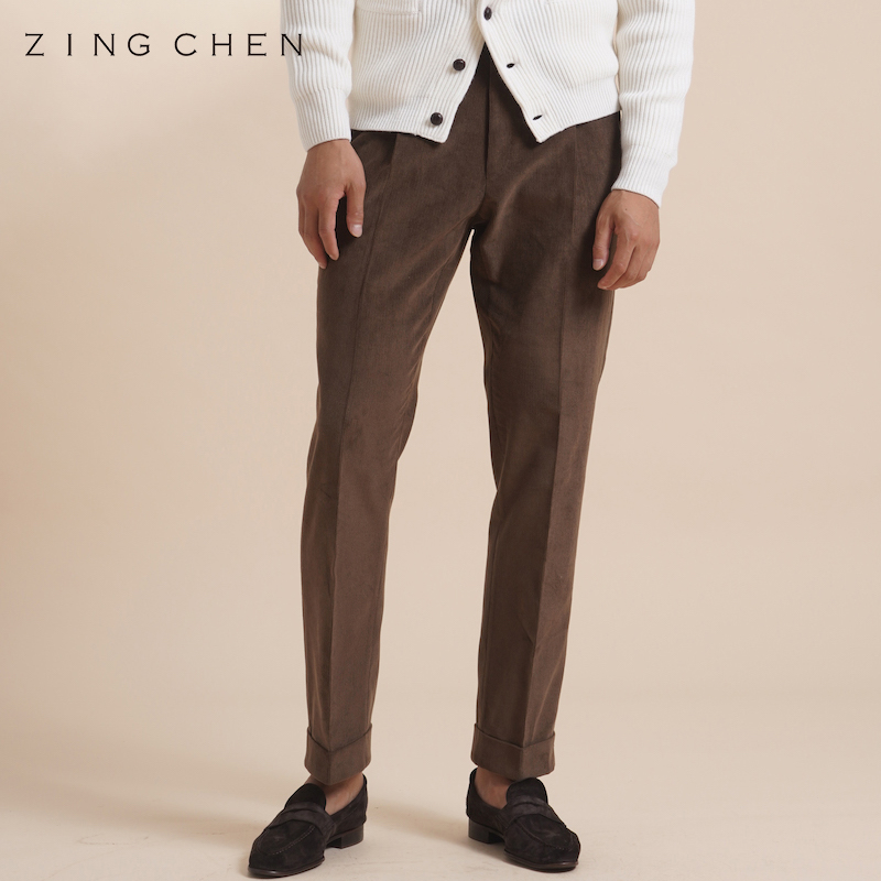 【高定工艺】ZINGCHEN休闲裤男灯芯绒 意式高腰单褶卷边长裤男