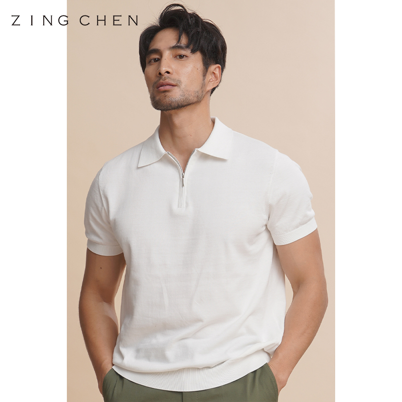 【机洗30次如新四股棉】ZINGCHEN白色短袖Polo衫 拉链设计翻领T恤