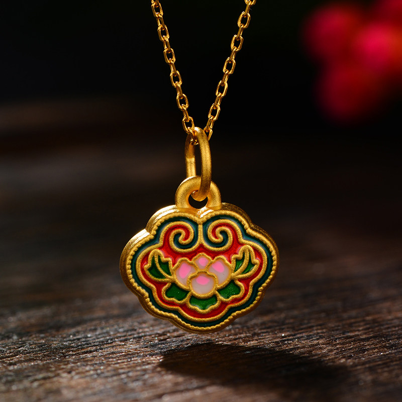 黄金吊坠兴隆古法烧蓝荷花3d硬金足金如意定价黄金吊坠