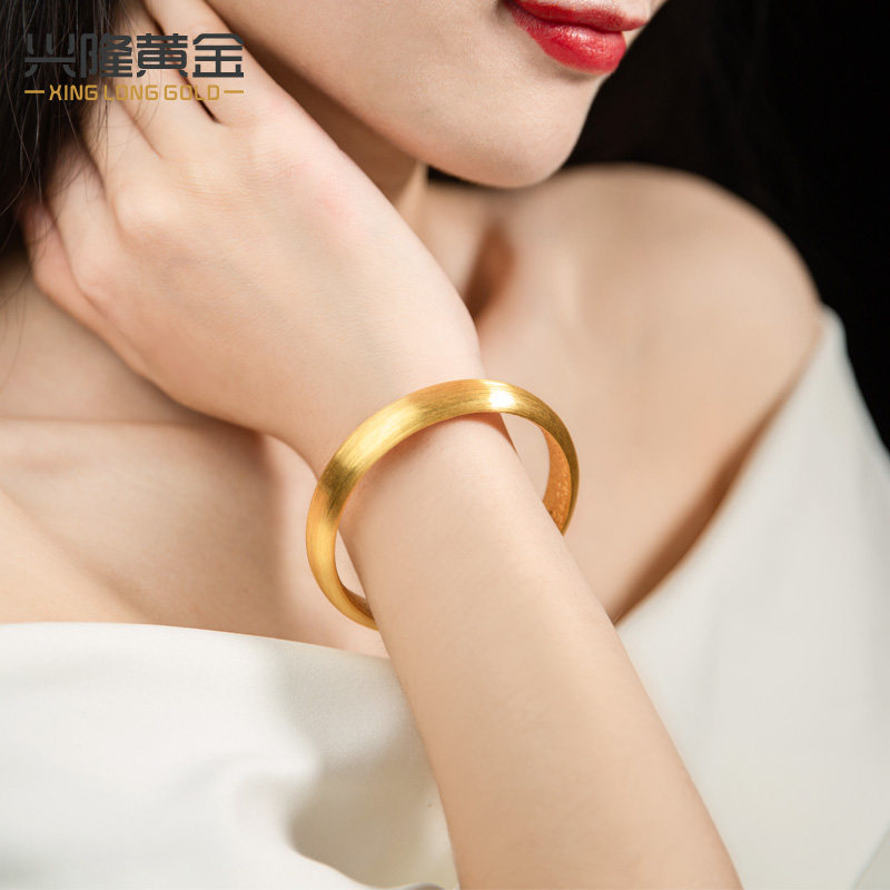 手镯黄金拉丝女送莲花新款粗细光圈金镯子足金手饰