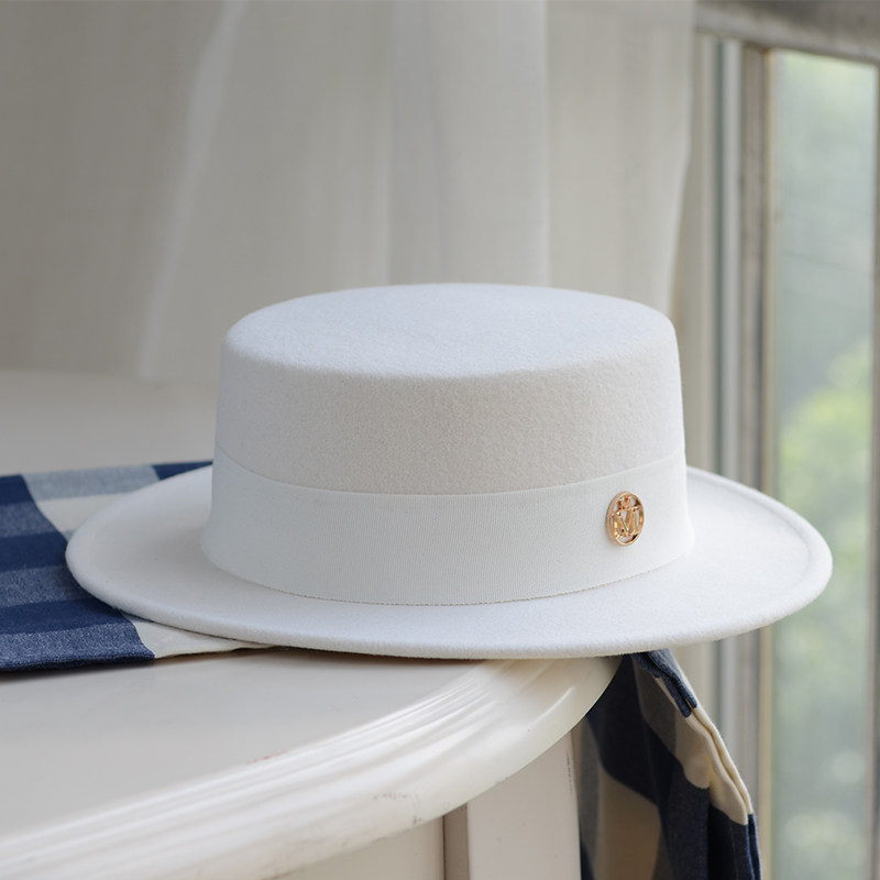 秋冬季羊毛毛呢法式名媛白色平顶礼帽英伦复古帽子