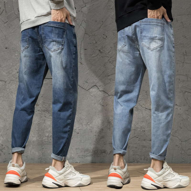 秋季牛仔裤男士宽松大码哈伦裤潮牌加肥加大弹力小脚休闲九分裤子