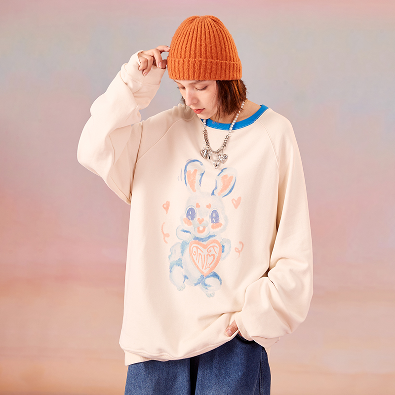 TNQT心碎创可贴萌宠系列兔子撞色宽松可爱长袖女领口套头卫衣男潮