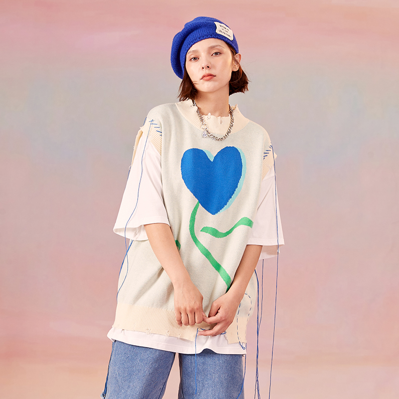 TNQT心碎创可贴 爱心磨边穿线毛衣女背心流苏针织马甲男外穿秋潮