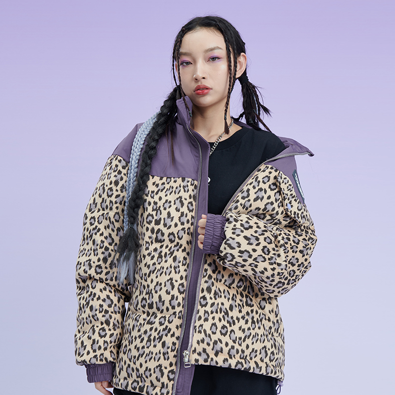 TNQT tourniquet 潮牌紫色豹纹麂皮绒拼料加绒外套立领棉服男女