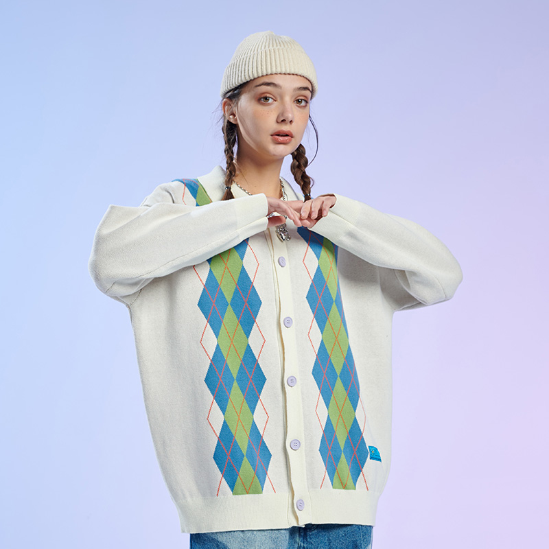TNQT心碎创可贴 潮青春菱形格子开衫纽扣外套情侣衫针织毛衣男女