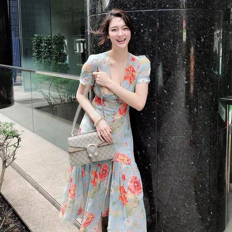 迈缔诺2022年爆款新款女高腰显瘦气质雪纺长仙女开叉性感碎花