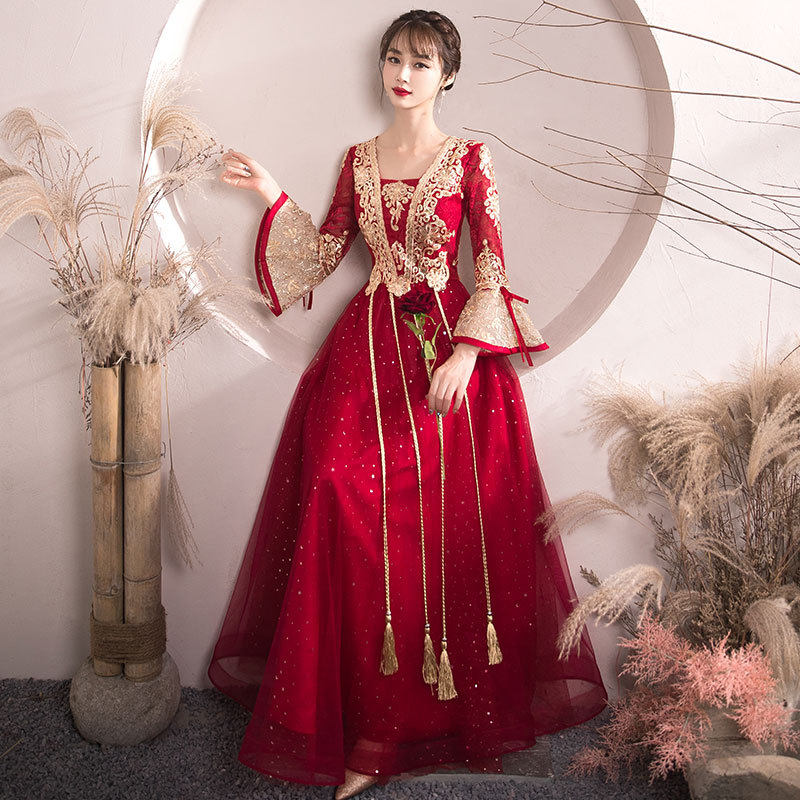 孕妇敬酒服新娘新款遮肚子酒红色结婚回门显瘦晚礼服连衣裙女