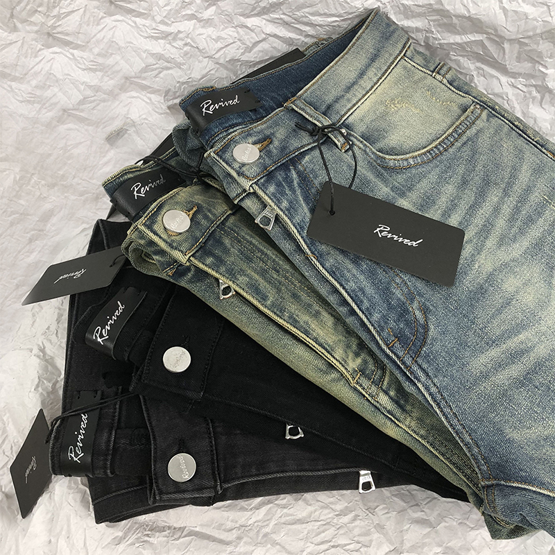 MKSZY 非Amiri复古做旧弹力修身黑蓝灰黄泥色水洗小脚牛仔裤破洞