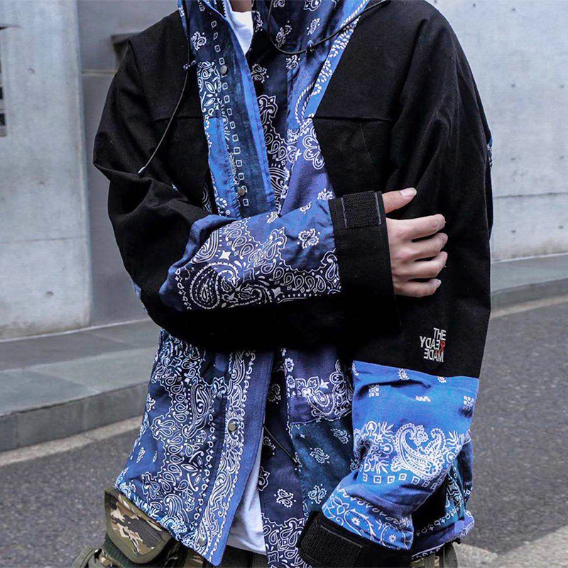 MKSZY自主非Readymade20AW蓝色腰果花拼接冲锋衣中长款外套