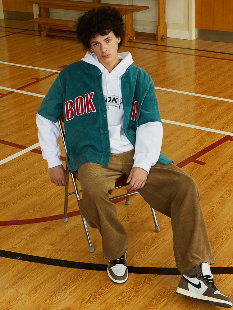 棒球bok刺绣灯芯绒短袖衬衫男开宽松oldschool美式衬衫