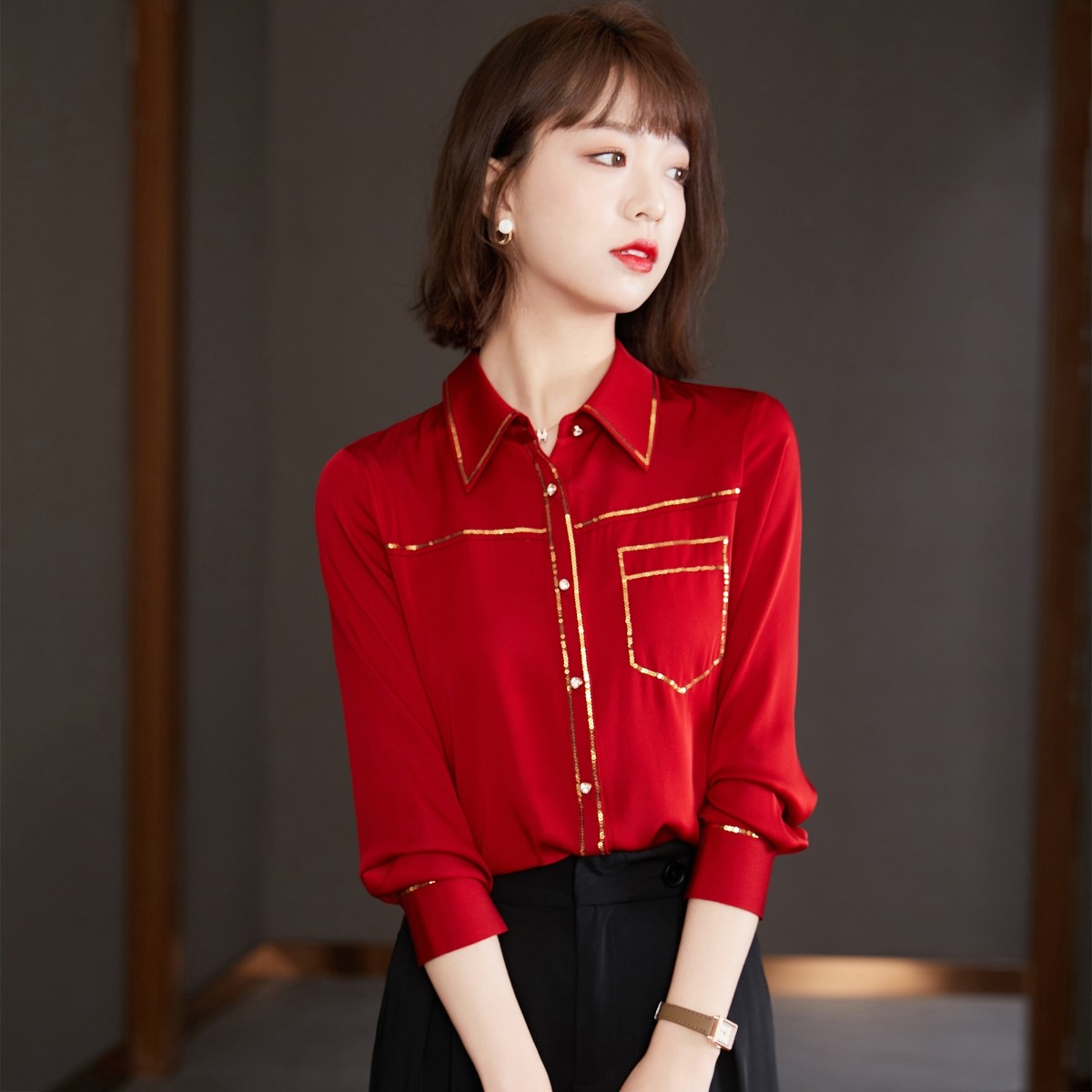 雪纺衬衫春装2021年新款高端本命年红色衬衣宽松衬衫