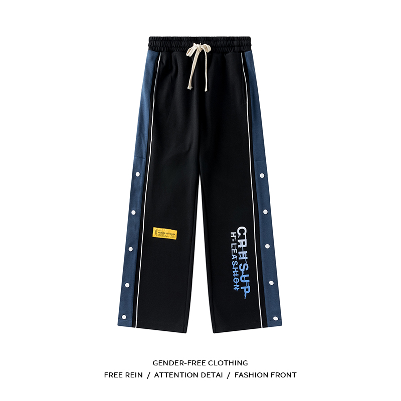 渡哲排扣拼接高街复古运动长裤子春季欧美潮流街头男女休闲直筒裤