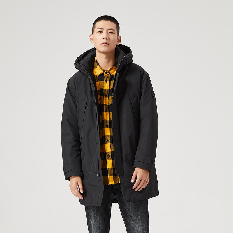 大千世界 男装 黑鲸 中长款连帽羽绒服男2020冬季新品白鸭绒羽绒外套