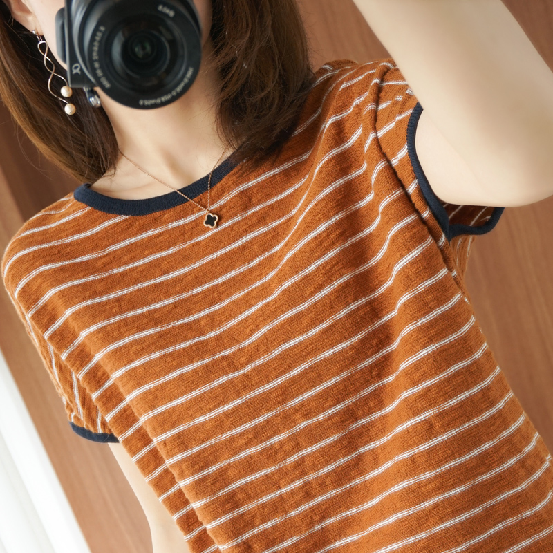 棉麻女短袖t恤2020春夏装新款宽松细条纹外穿搭薄针织纯棉打底衫