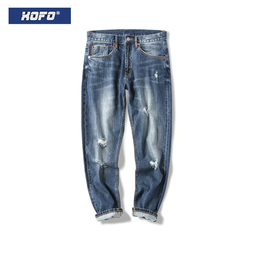 破洞牛仔裤男士休闲宽松直筒小脚九分裤秋冬赤耳丹宁高街裤子潮牌
