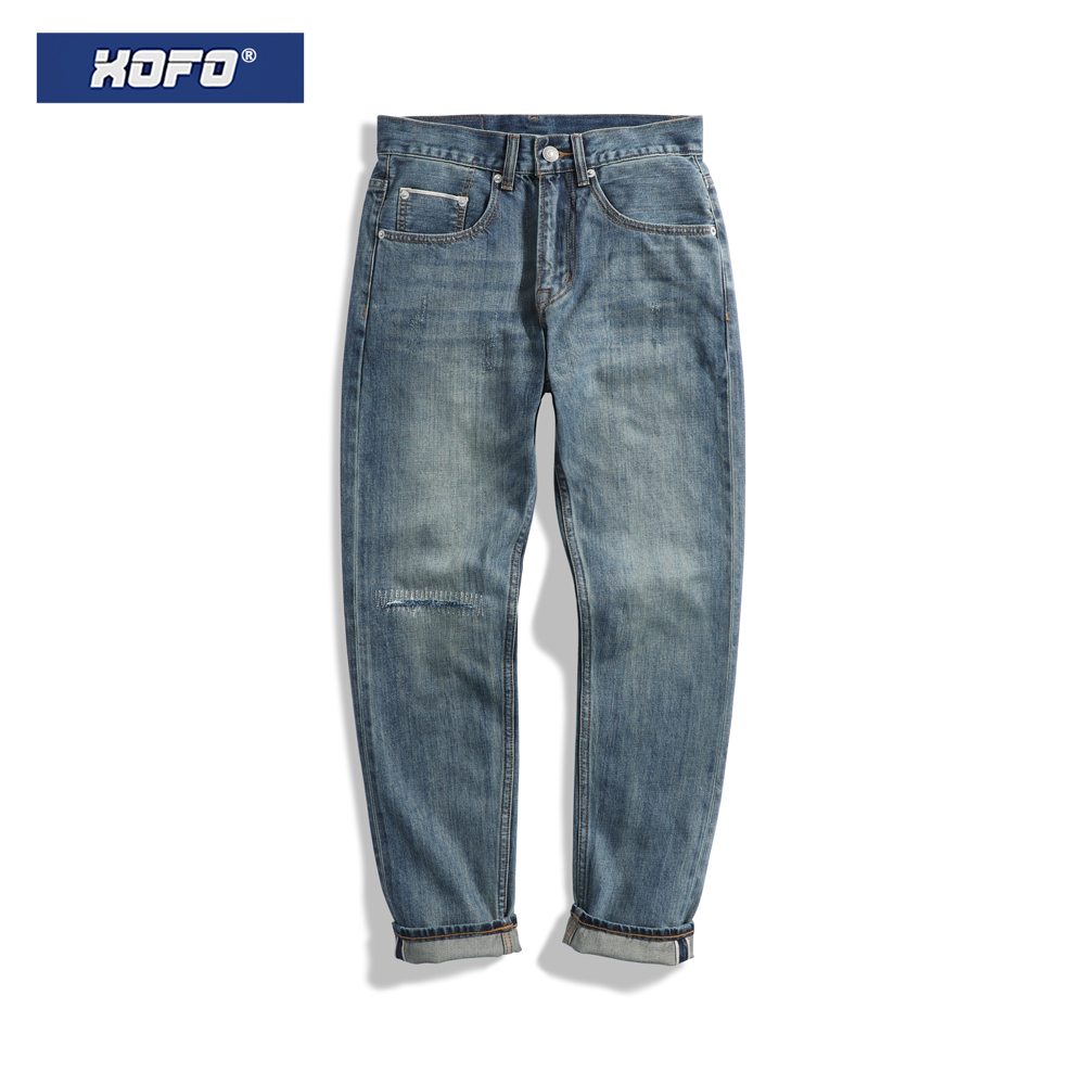 港风秋季九分牛仔裤男士春秋款复古休闲直筒宽松小脚赤耳丹宁裤子