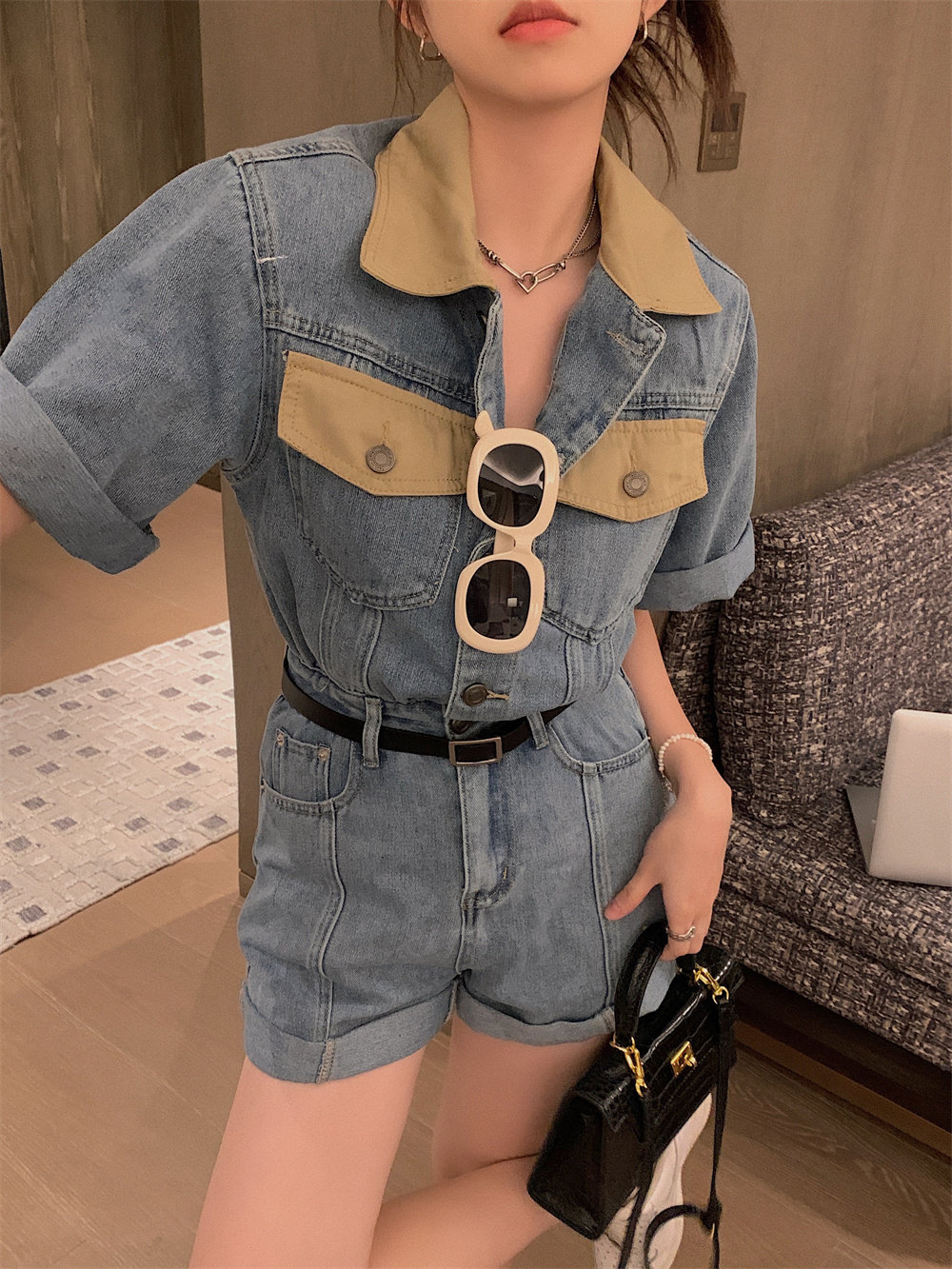 美式甜辣妹薄款工装牛仔连体裤女夏季港风高腰小个子连衣短裤套装