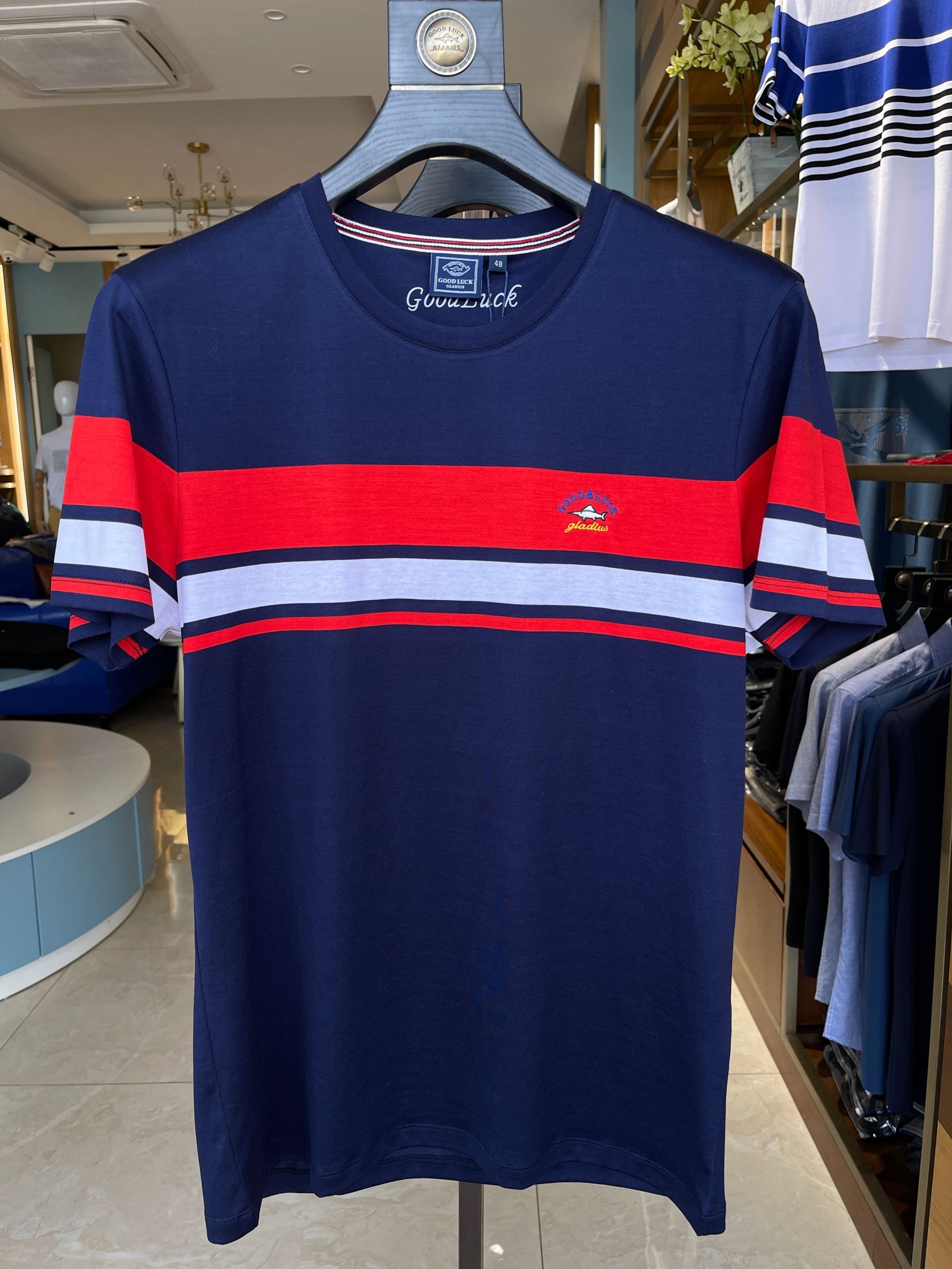 新品GOODLUCK德国鲨鱼男青年商务休闲丝光棉圆领条纹纯棉短袖T恤