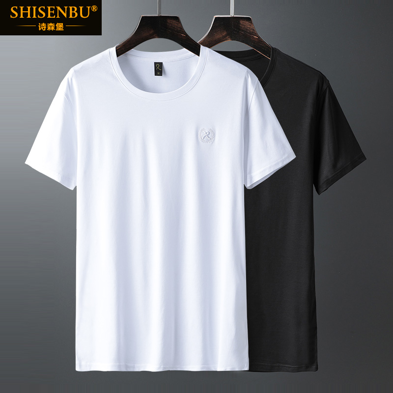 丝光棉短袖T恤男士夏季新款圆领纯色冰丝上衣绣花纯棉半袖体恤男