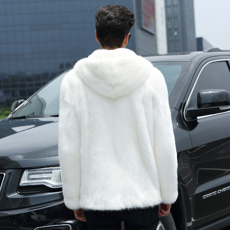 皮草水貂貂皮大衣男外套海宁秋冬整貂白色连帽皮衣