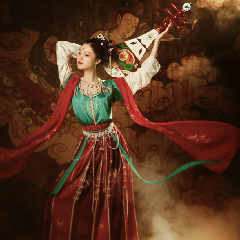 敦煌汉服飞天坦领服装古装套装唐制原创白菜民族服装