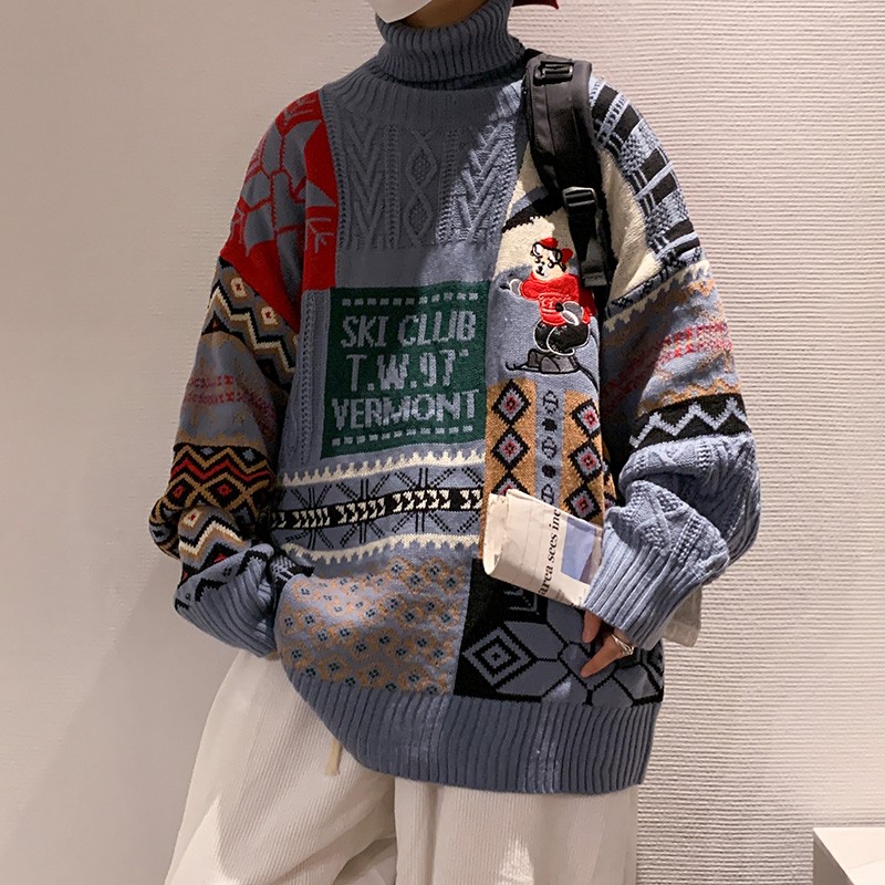 小熊拼接高领毛衣男士加绒加厚针织衫冬季复古日系慵懒风情侣外套