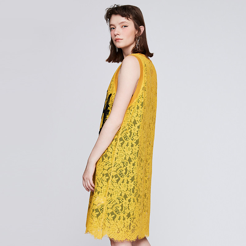 新款连衣裙无袖刺绣撞色蕾丝甜美专柜夏专柜地素连衣裙