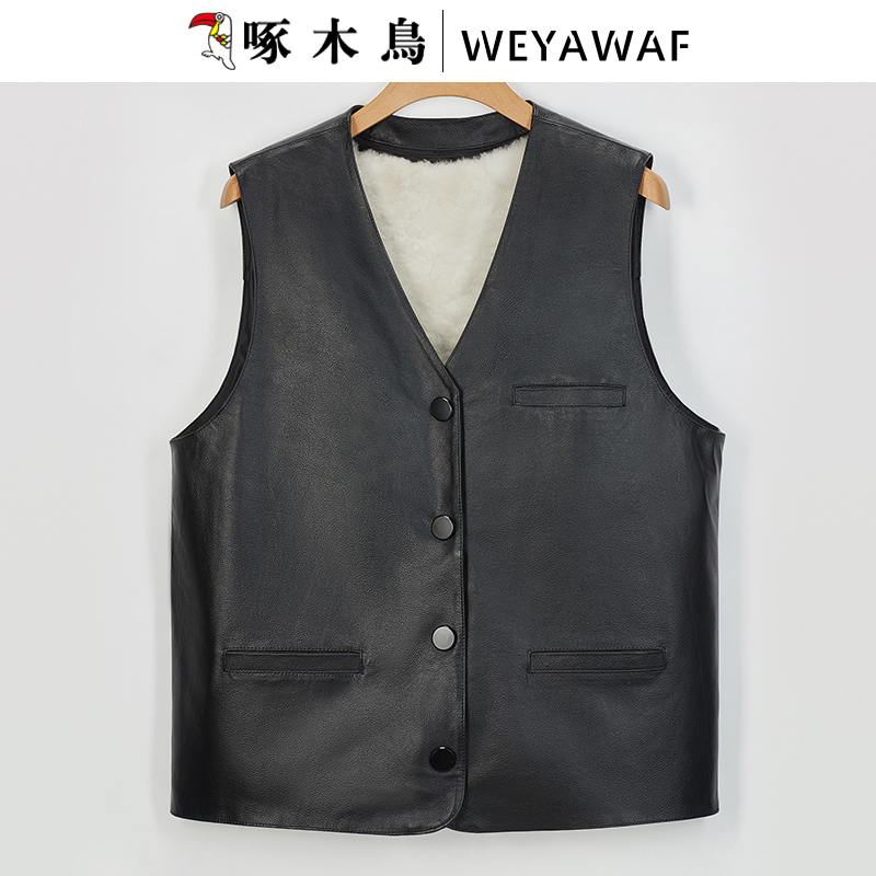 啄木鸟进口小牛皮马甲男纯羊毛真皮毛一体保暖背心马夹坎肩秋冬