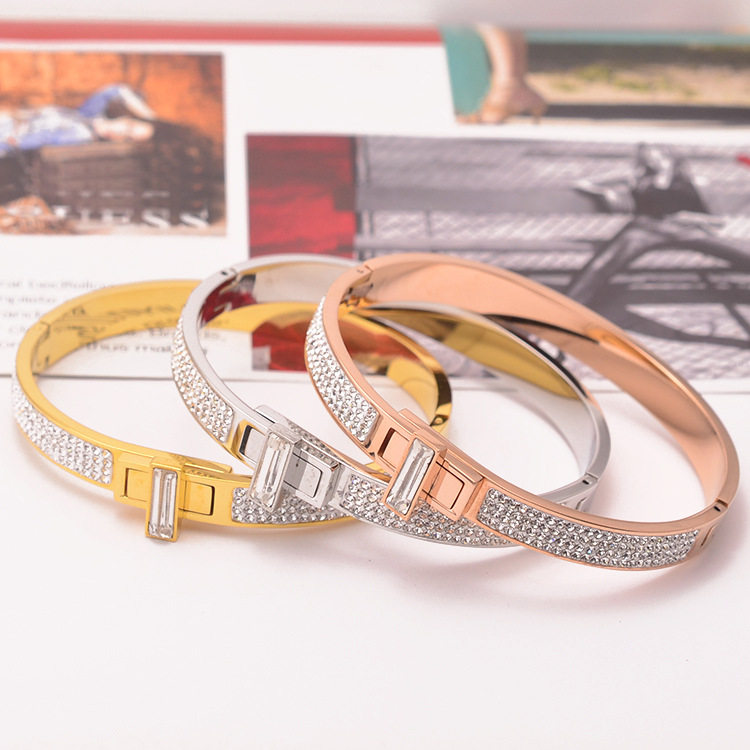 旋转水晶直扣手镯韩国玫瑰金手环简约个性时尚手镯
