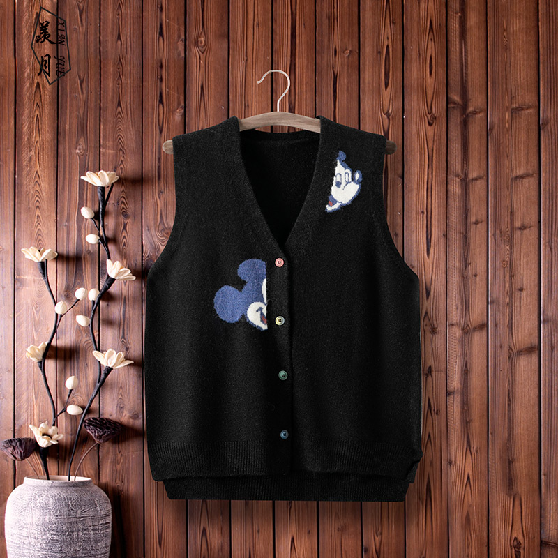 新款春秋装针织开衫马甲女无袖v领毛衣背心提花卡通坎肩外穿马夹