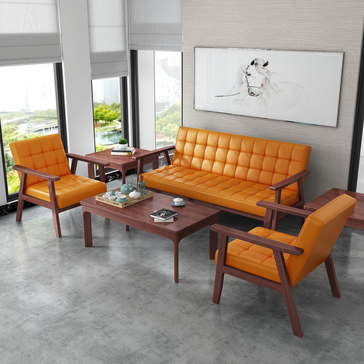 办公沙发茶几组合套装会客接待室简约休闲三人位小型实木简易沙发