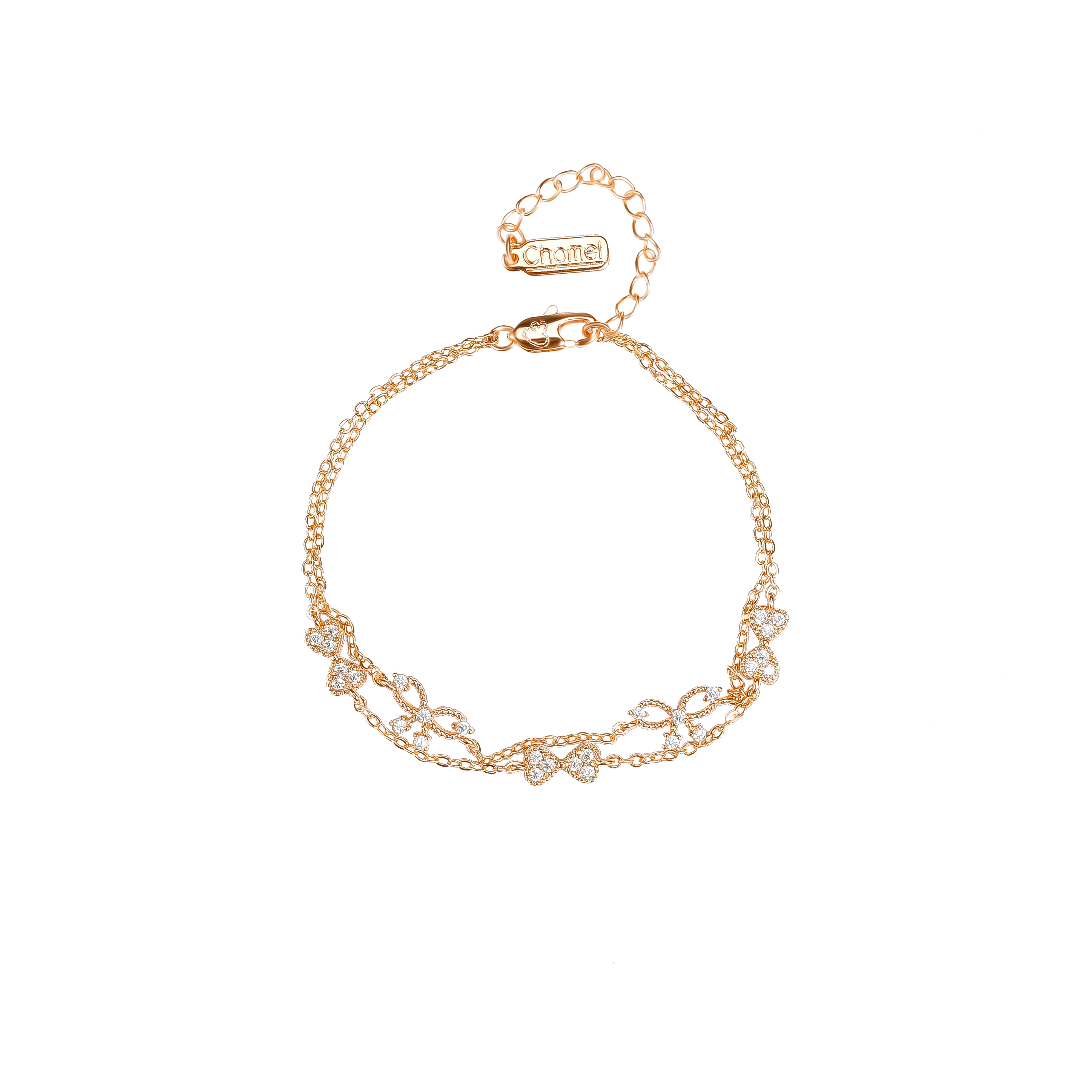 新加坡chomel官网手链女纯银碎钻蝴蝶结轻奢双链手镯旗舰店新款