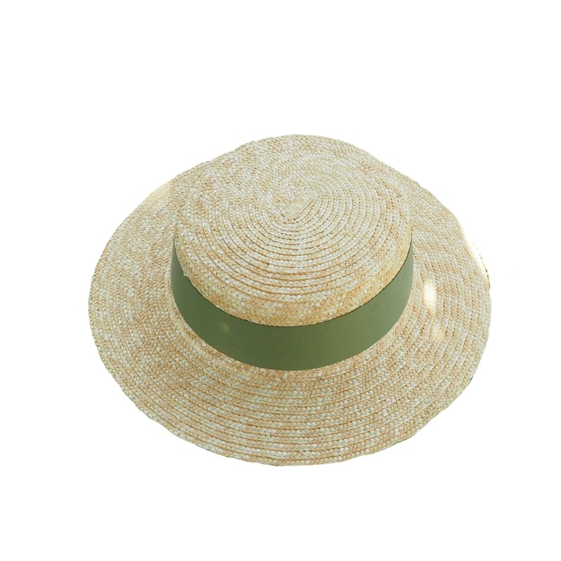 草帽欧美新款抹茶绿宽缎带麦秆防晒遮阳洋气帽子