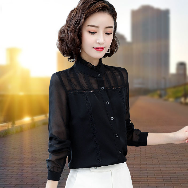 蕾丝雪纺衬衫女上衣长袖2023年春装新款内搭加绒保暖秋打底衫小衫