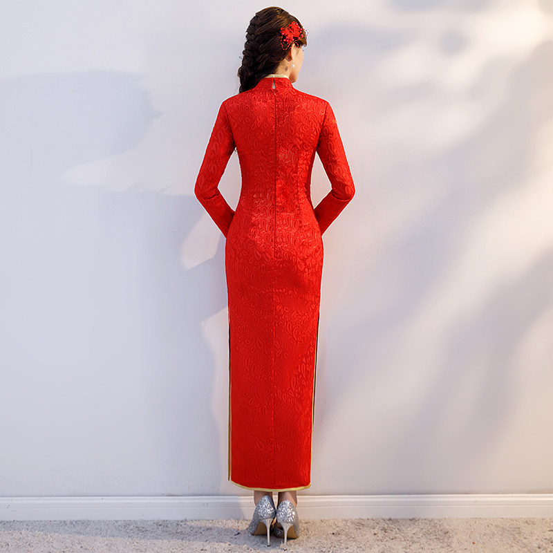 迎宾服装女礼仪旗袍酒店秋冬季红色长款加棉长袖2019新款走秀演出