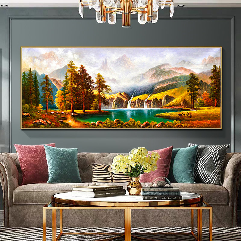 手绘油画聚宝盆山水风水靠山客厅壁画手工美式油画