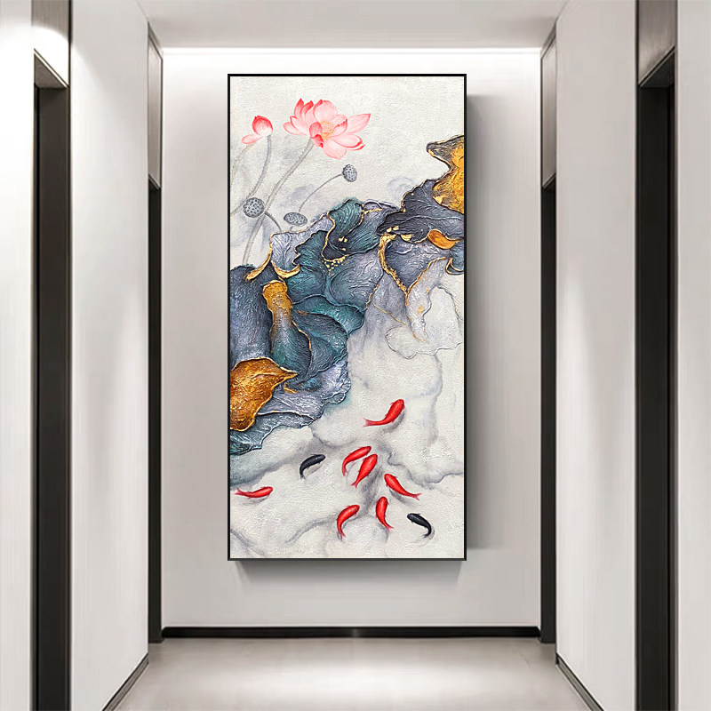 入户正对对门玄关荷花九鱼轻奢挂画高端奢华油画