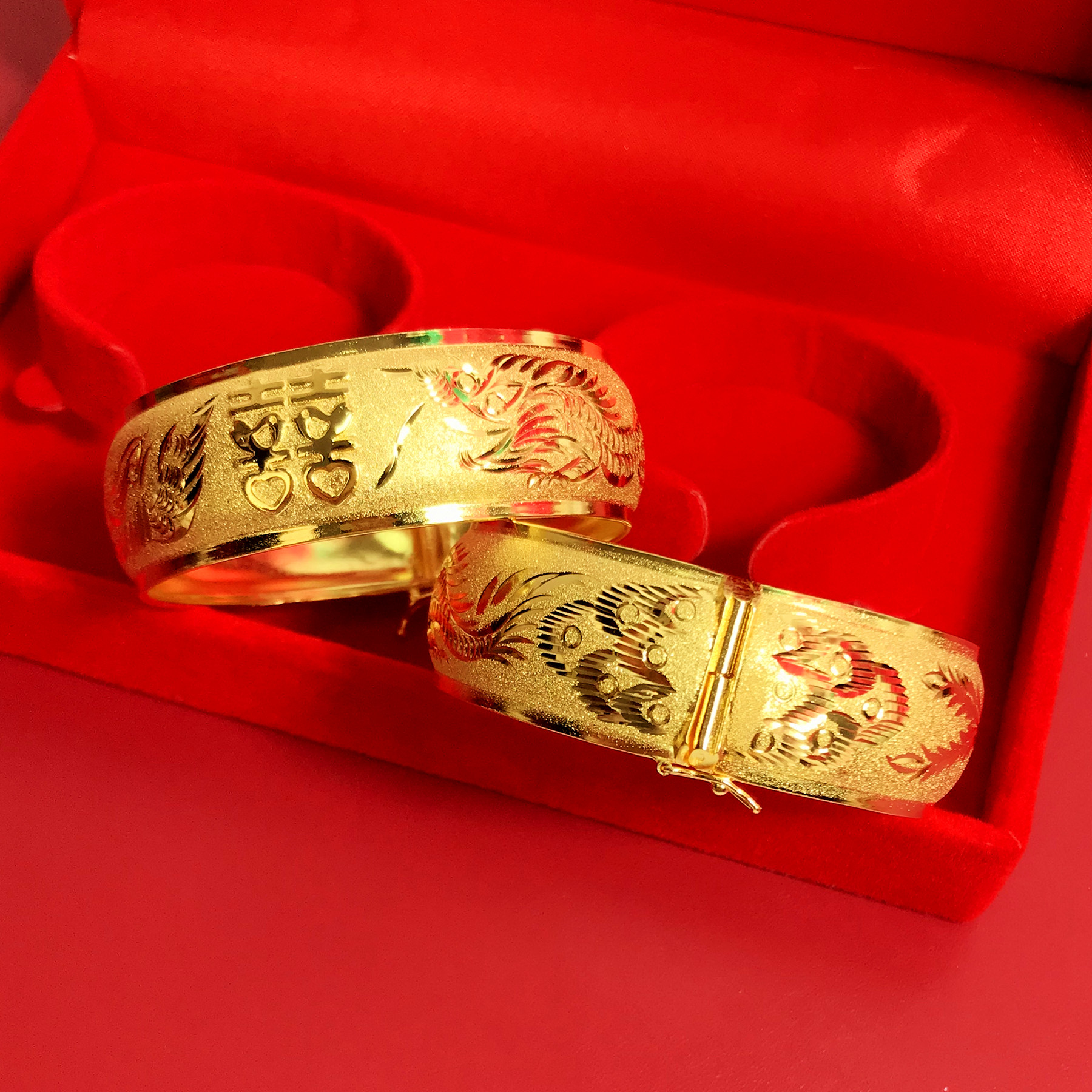 龙凤薄款新娘镀金镯子爱心双喜婚庆结婚黄金手镯