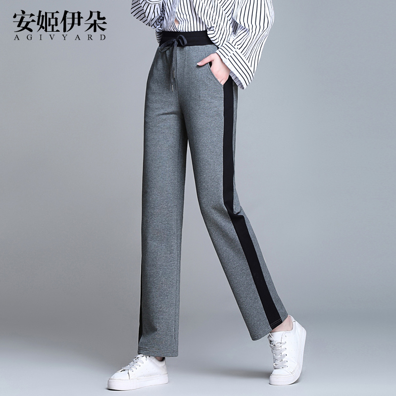 春秋侧条纹灰色运动裤女宽松直筒卫裤2022年新款高腰垂感阔腿裤