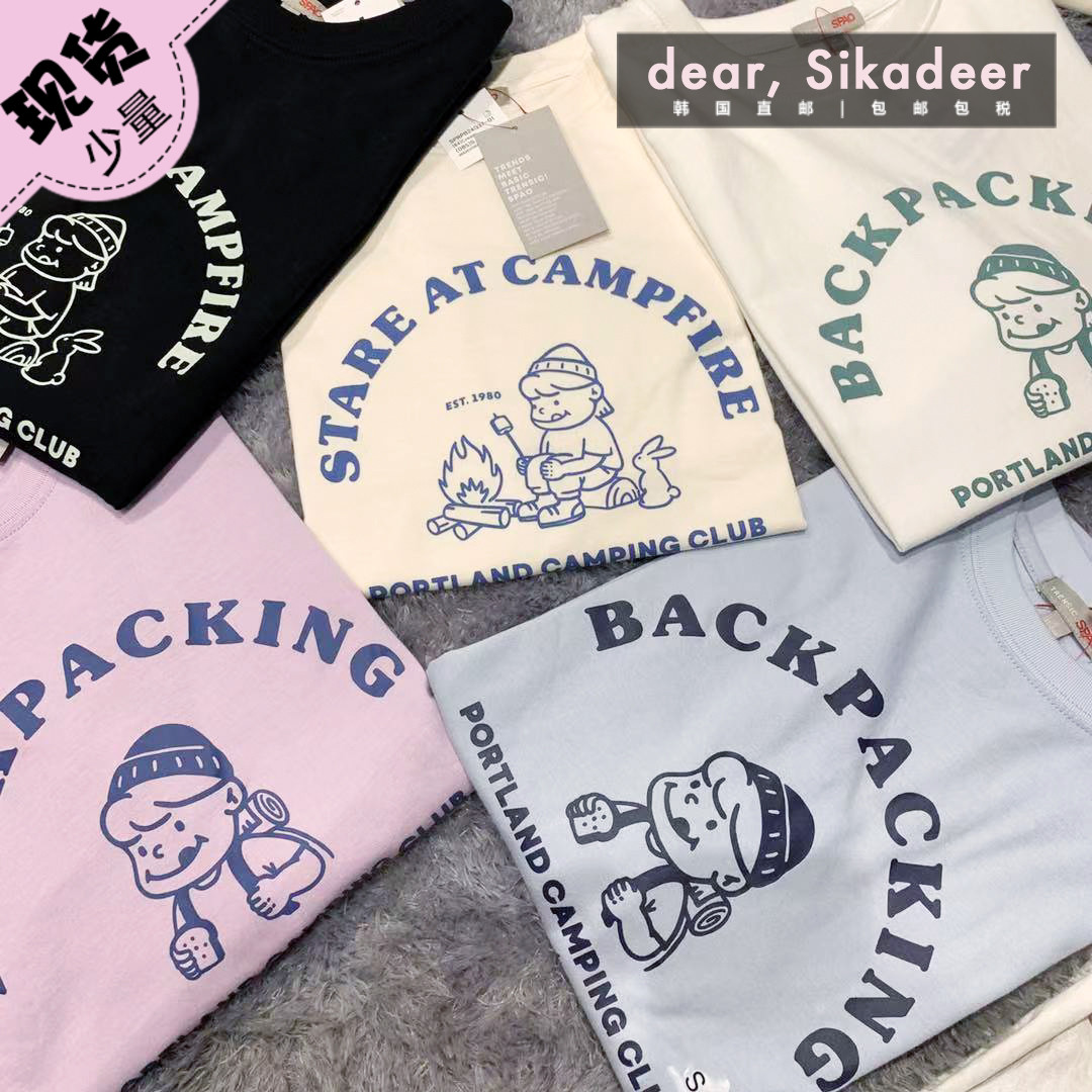 现货 韩国代购SPAO面包女孩短袖T恤野营风印花简约百搭上衣21夏