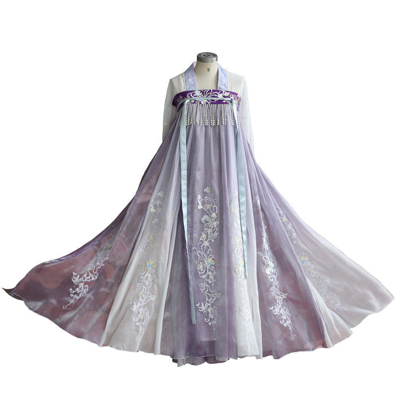 华姿仪赏鲛绡纱紫色原创正品重工刺绣齐胸约7米摆破裙春夏汉服女
