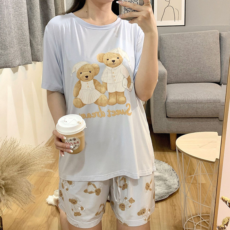 轻薄薄软可爱睡帽小熊宽松舒适莫代尔睡衣女夏两睡衣